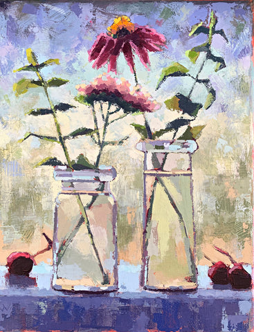 Still life painting of vases of flowers and cherries on window sill in summer sunlight by Joan Wiberg at Cottage Curator - Sperryville VA Art Gallery