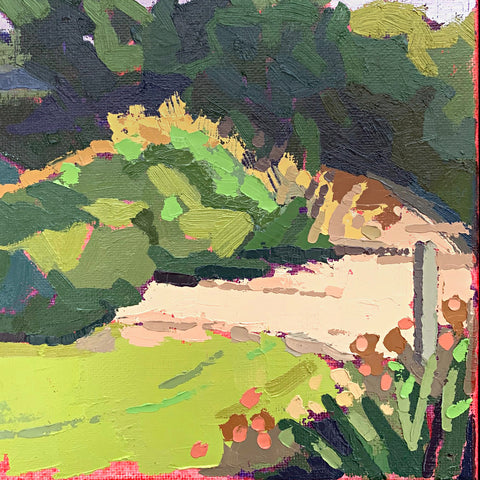 Detail of Landscape painting of trees near the water with pink undertones by Joan Wiberg at Cottage Curator - Sperryville VA Art Gallery
