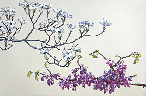 Painting of redbud and dogwood branch against white background by Frances Coates at Cottage Curator - Sperryville VA Art Gallery